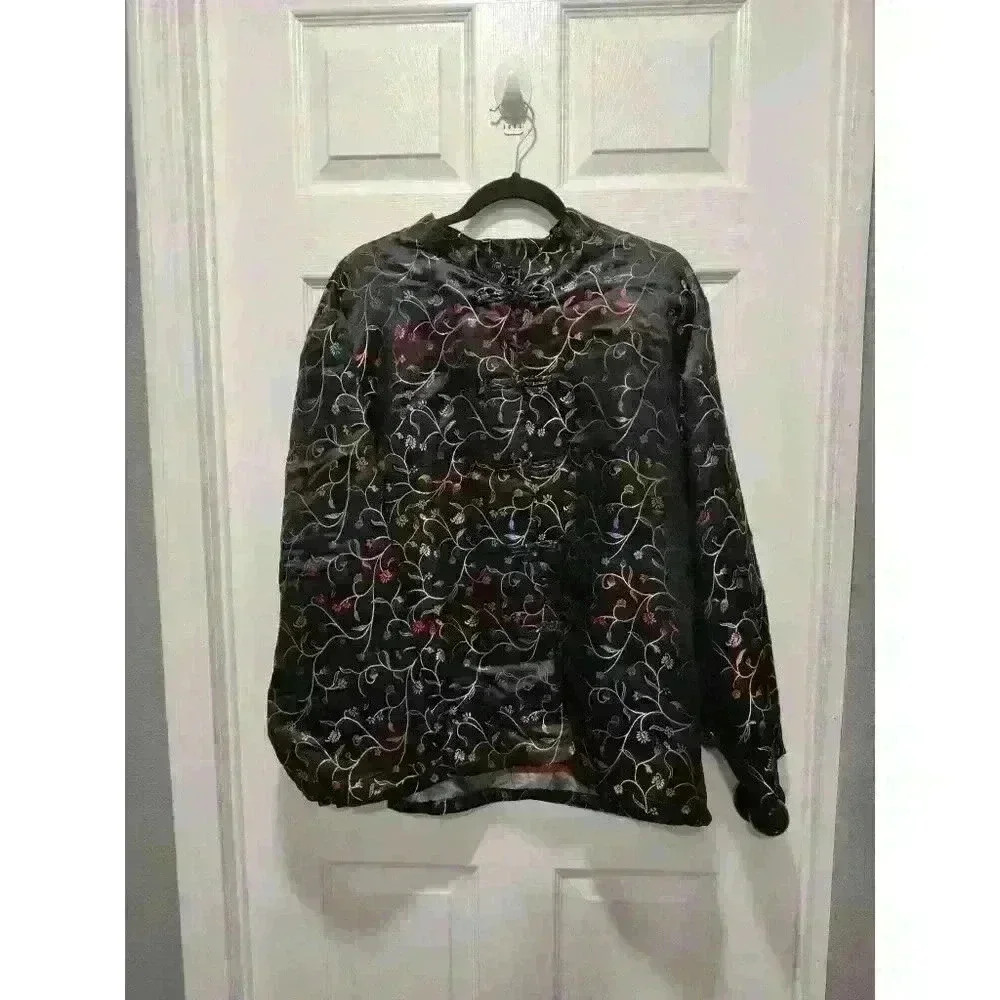 Robert Louis Size‎ XL Oriental Toggle Jacket 75% Silk 25% Polyester Floral Black